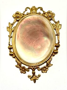 Vintage Mother of Pearl Brooch Gold Tone Victorian Revival Floral Pin MCM